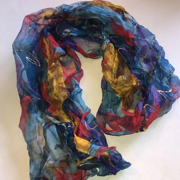 Vintage Multicolor Lightweight Sheer Scarf - Blue, Red & Gold - Picture 6 of 7
